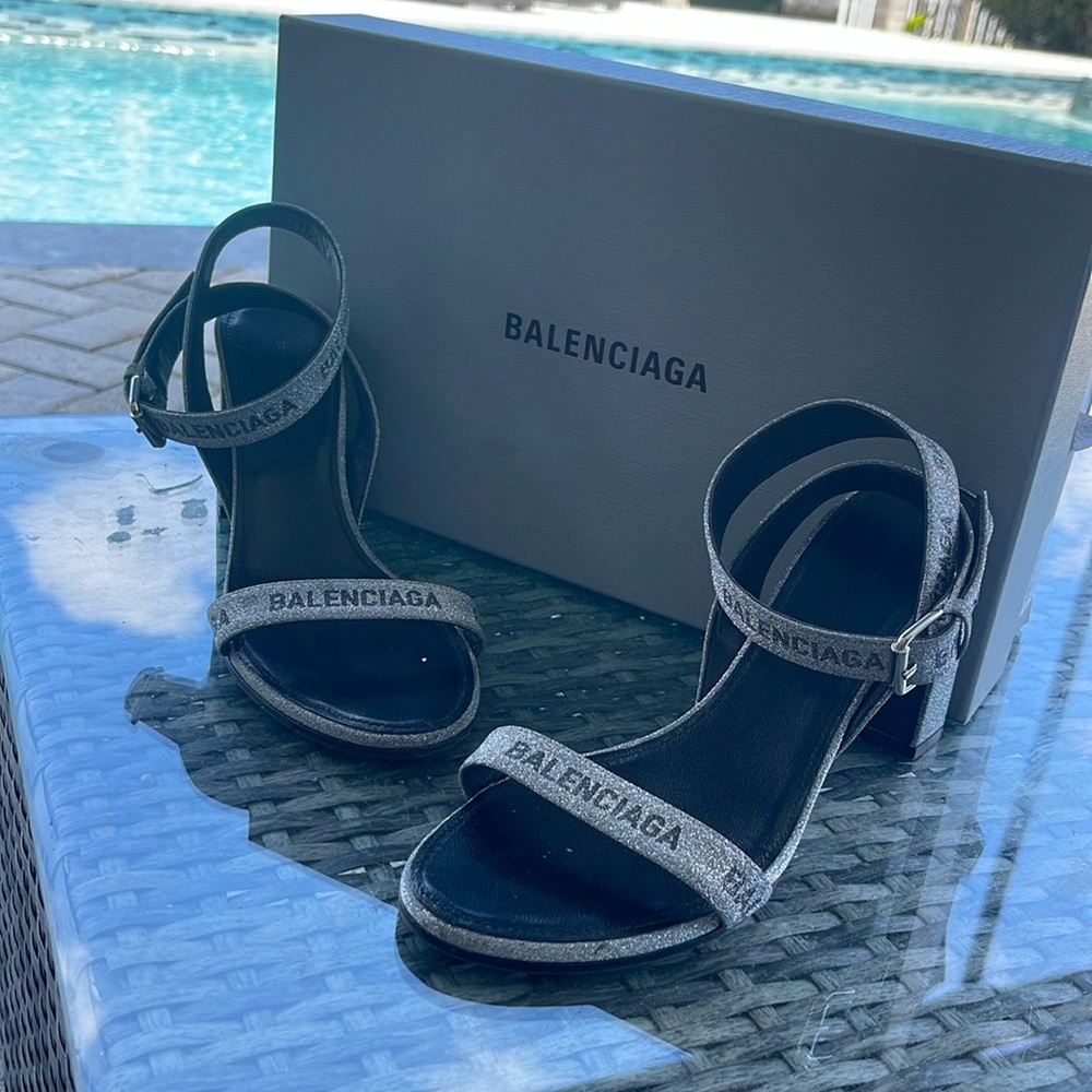Balenciaga Glitter Allover Logo Ankle Strap Sandals - Picture 4 of 4